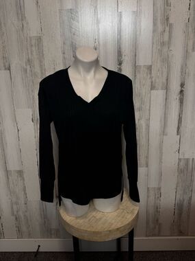 Kensie Black Ribbed Knit V-Neck Long Sleeve Tunic Top Side Slit Hem Womens Small